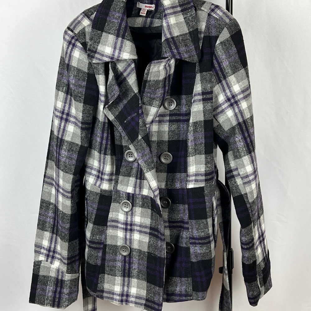 Bongo Women's Plaid Peacoat Jacket - Black, White & Purple